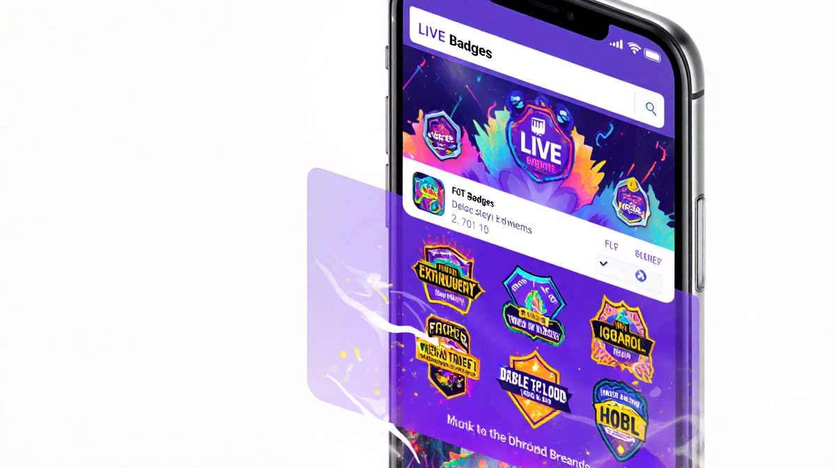 Mobile app dashboard shows scrolling LIVE badges with bright animated badges for Twitch achievements and rewards