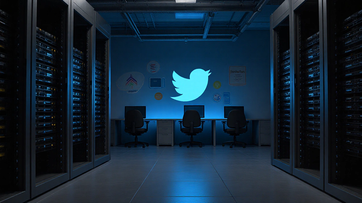 Empty server racks stand in dim room with flickering blue light and Twitter logo on wall