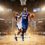 Tyrese Maxey leaps toward the NBA basket with a defender nearby and the Philadelphia skyline glowing behind