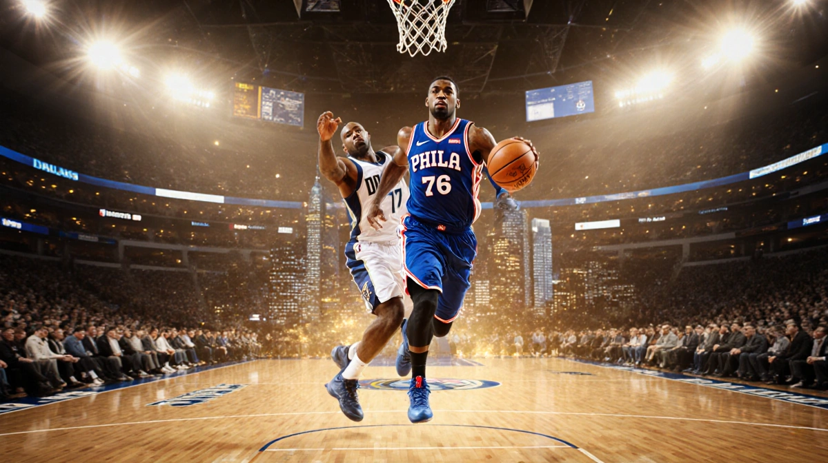 Tyrese Maxey leaps toward the NBA basket with a defender nearby and the Philadelphia skyline glowing behind