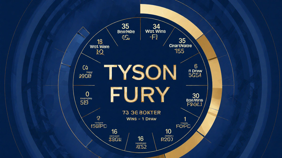 Circular chart illustrating Tyson Fury's boxing record with 35 bouts 34 wins and 1 draw in blue and gold accents.