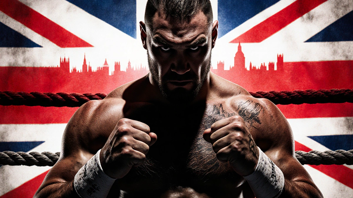 Tyson Fury standing confidently with clenched fists and a Union Jack backdrop with shadowed face and London skyline behind ro