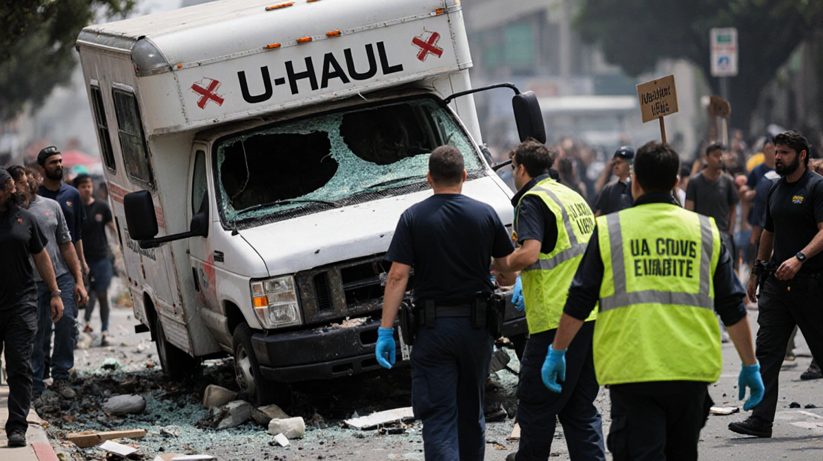 LA firefighters treat injured protesters near overturned U-Haul truck with shattered windows and debris on street