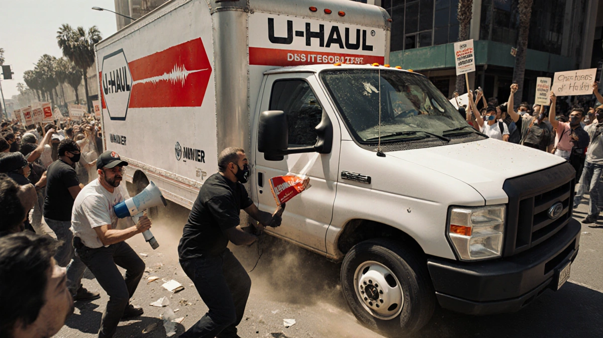 U-Haul truck drives through protesters with angry crowd surrounding vehicle and signs waving
