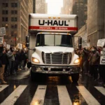U-Haul truck drives through protesters with demonstrators holding signs and skyscrapers towering behind