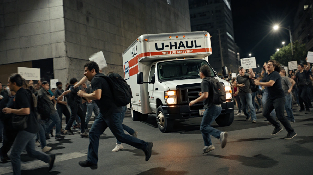 U-Haul truck driving through Los Angeles protest with protesters scattering and city buildings behind