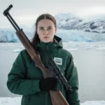 Greenlandic biathlete Ukaleq Slettemark stands with rifle at frozen fjord edge with glacier rising behind