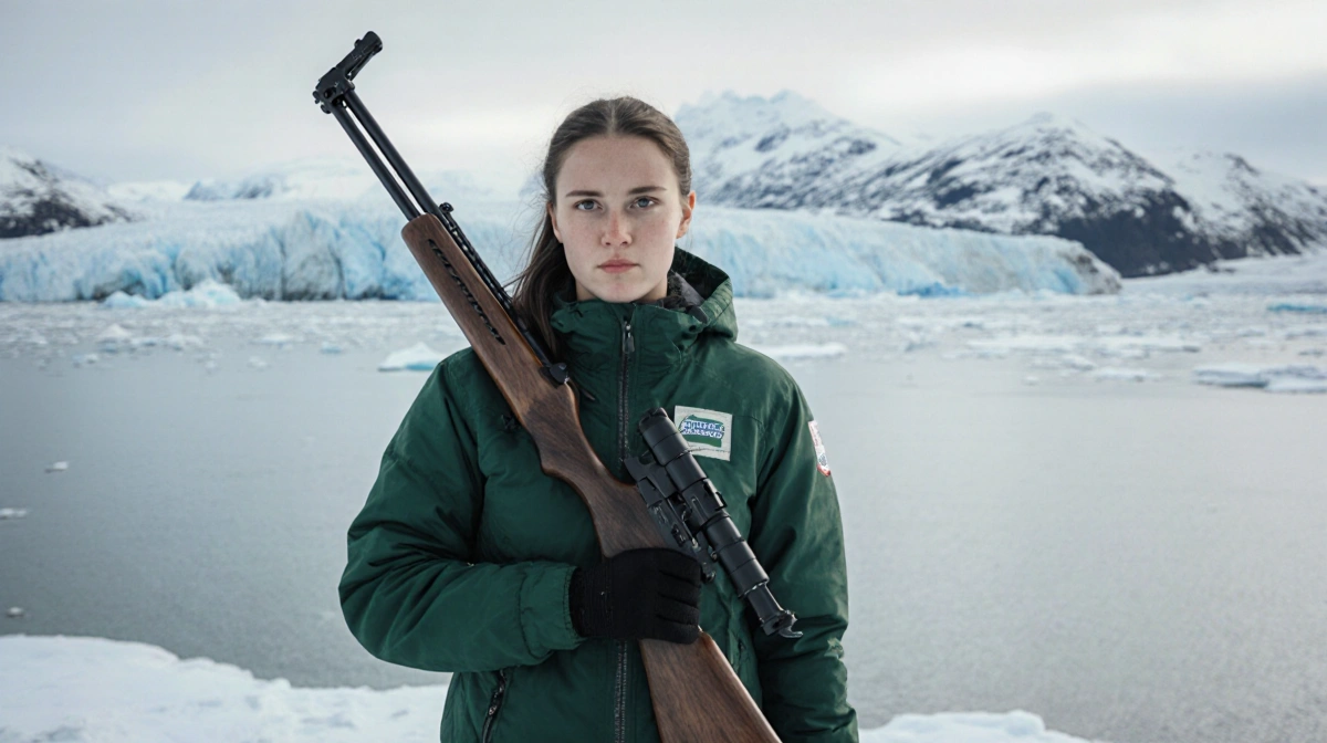 Greenlandic biathlete Ukaleq Slettemark stands with rifle at frozen fjord edge with glacier rising behind
