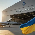 Ukrainian flags wave above Dassault hangar with fighter jet and defense systems inside