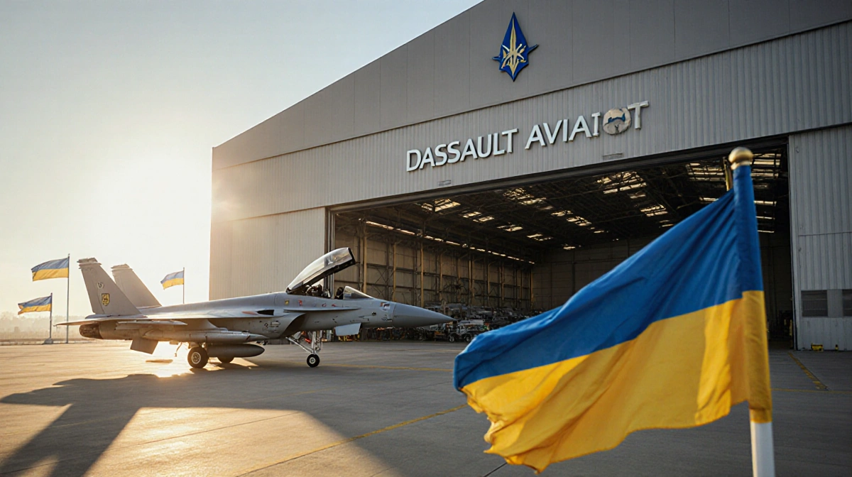 Ukrainian flags wave above Dassault hangar with fighter jet and defense systems inside