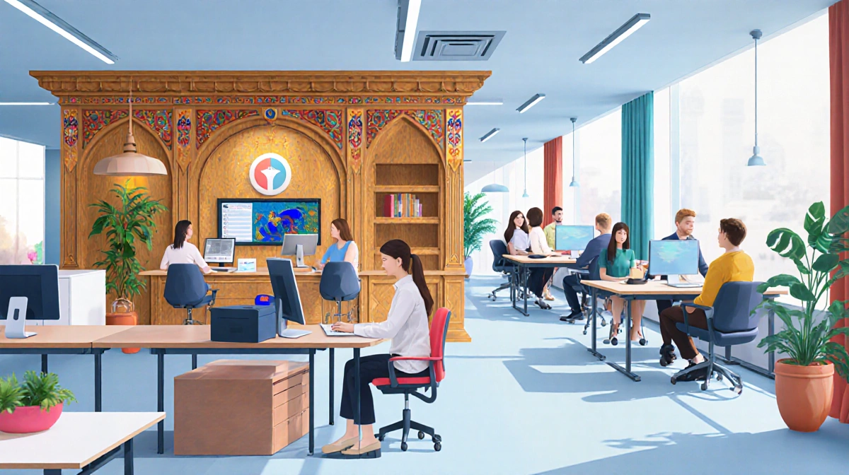 Diverse team collaborates in modern Kyiv office with traditional Ukrainian wooden accents and global technology