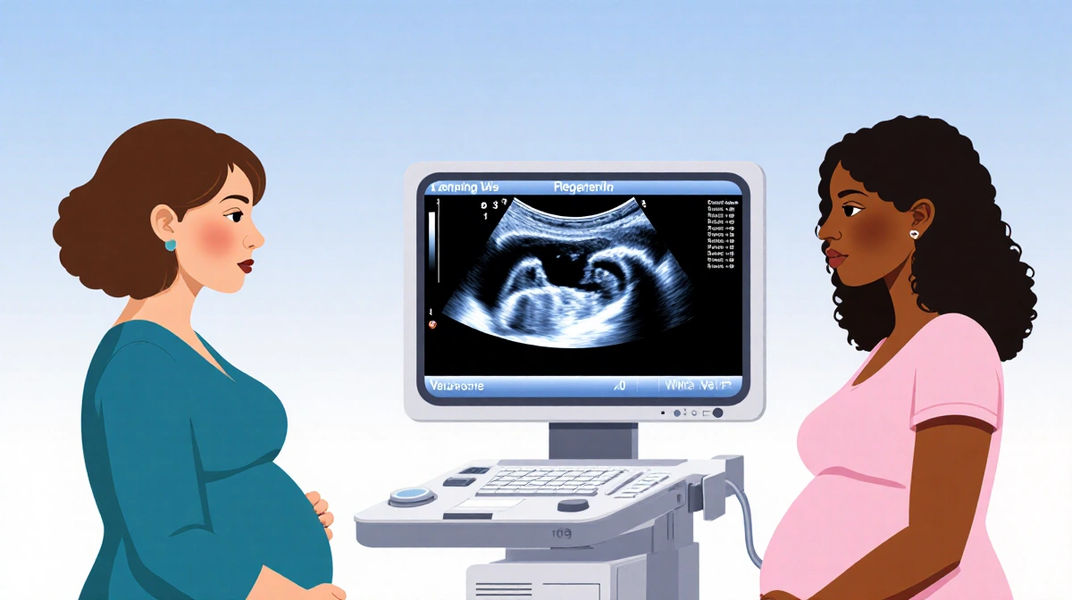 Diverse pregnant women sit before ultrasound machine with sonogram showing fetus and mortality awareness