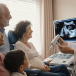 Doctor shows ultrasound image to expectant mother with family and glowing 3D fetal scan on screen