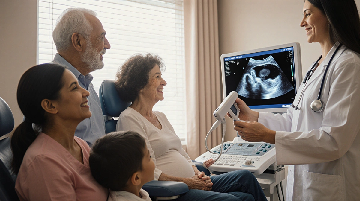 Doctor shows ultrasound image to expectant mother with family and glowing 3D fetal scan on screen
