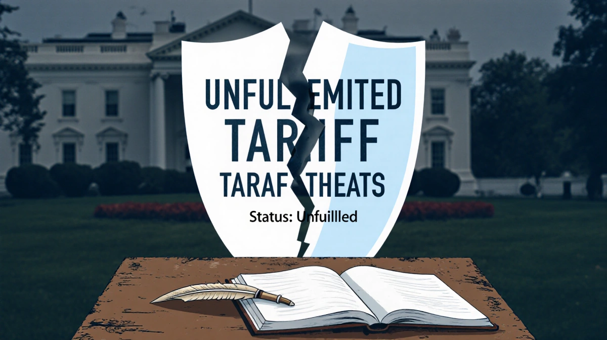 Broken shield symbolizing unimplemented tariff threats sits with faded white house background and ledger book on worn desk