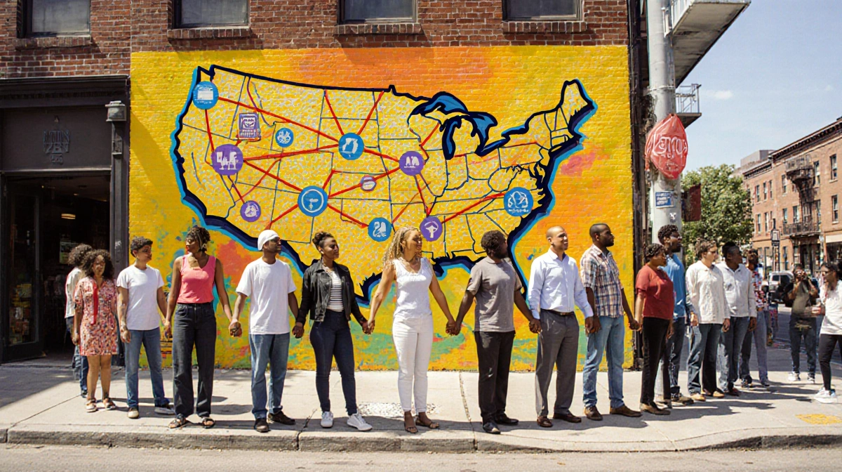 Diverse Americans holding hands forming a human chain around a mural of America with interconnecting lines and symbols unity