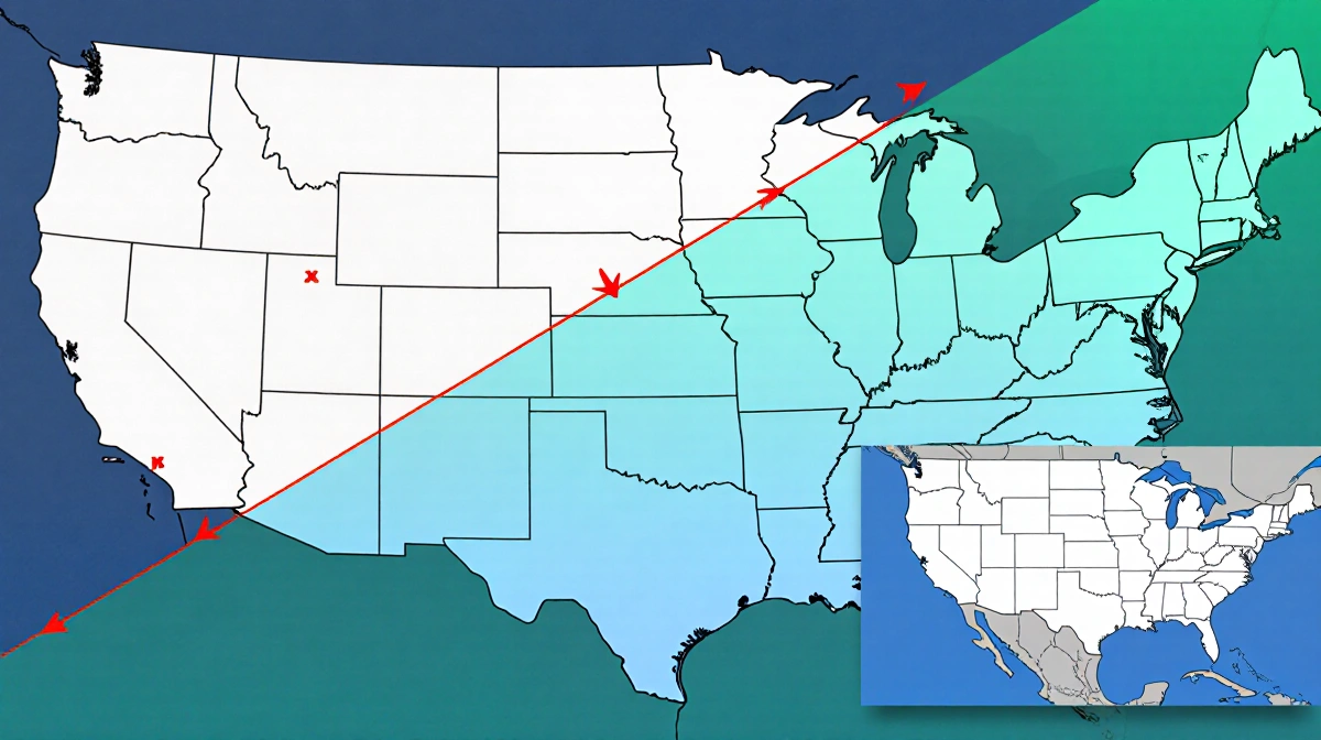 US map showing regional vote split with red arrows highlighting narrow margin between candidates and inset map