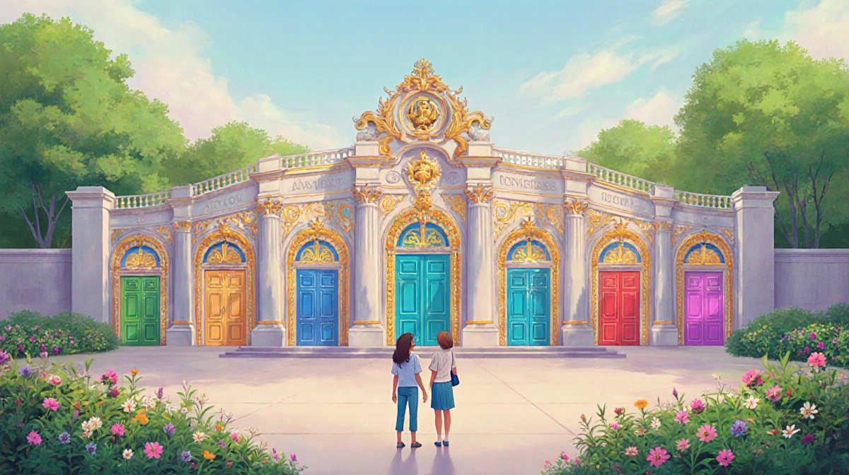 Two visitors standing before ornate entrance gate with colorful arches and pastel flowers.