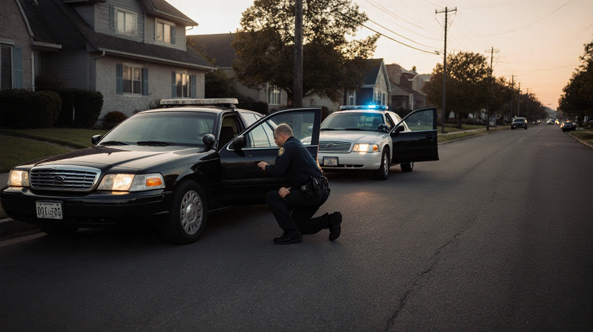 Police officer examining open car interior with two nearby vehicles showing similar unlocked doors at dawn