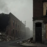 Crumbling building collapses onto street with exposed brick and boarded windows showing urban decay