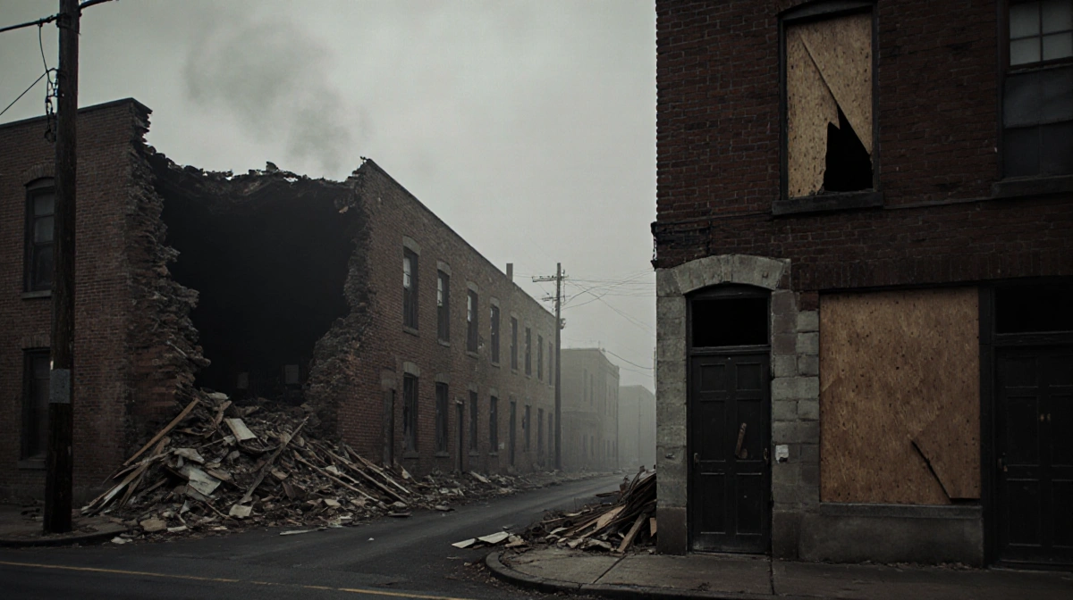 Crumbling building collapses onto street with exposed brick and boarded windows showing urban decay