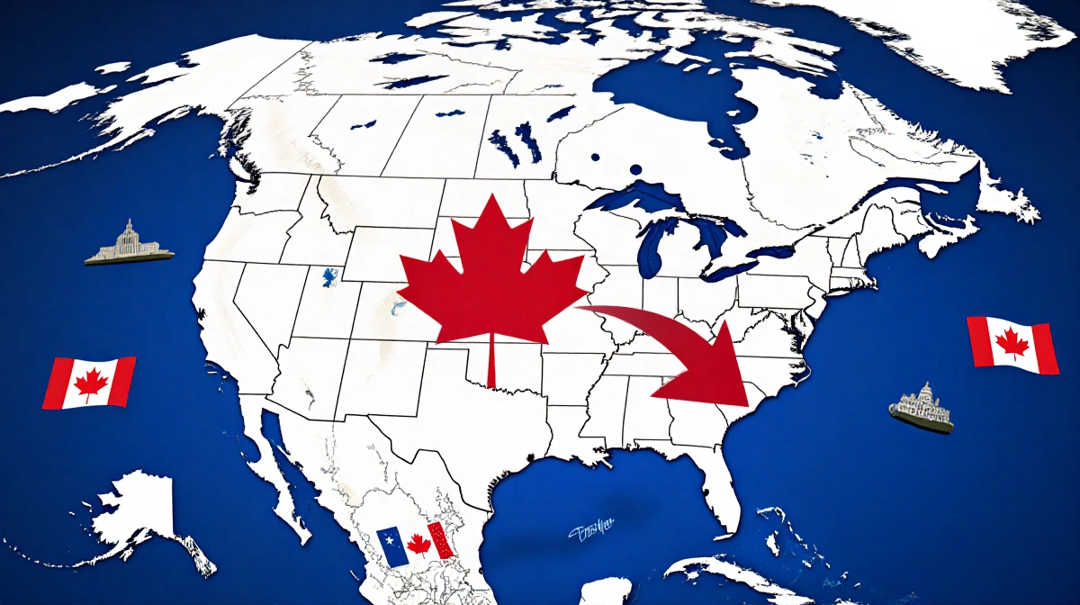 Large North America map showing bold arrow pointing from USA to Canada with Canadian flags and red blue colors