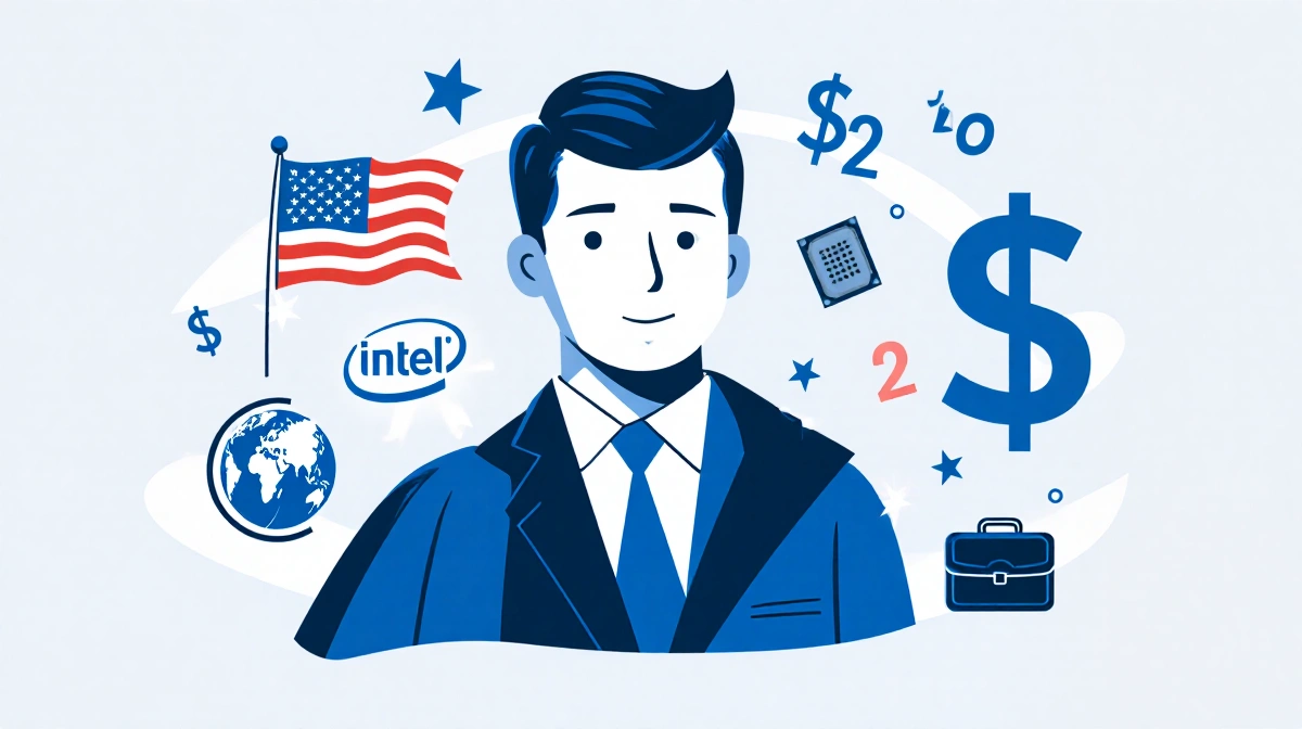 Government authority figure stands over Intel headquarters with American flags and financial symbols showing quasi-state ente