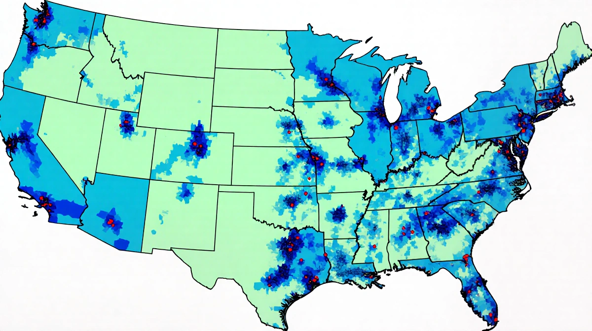 US map showing sanctuary jurisdictions highlighted in blue and green with scattered red areas representing political division