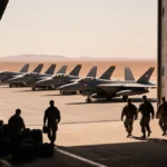 U.S. troops boarding buses with military jets parked in hangar and desert visible through open doors