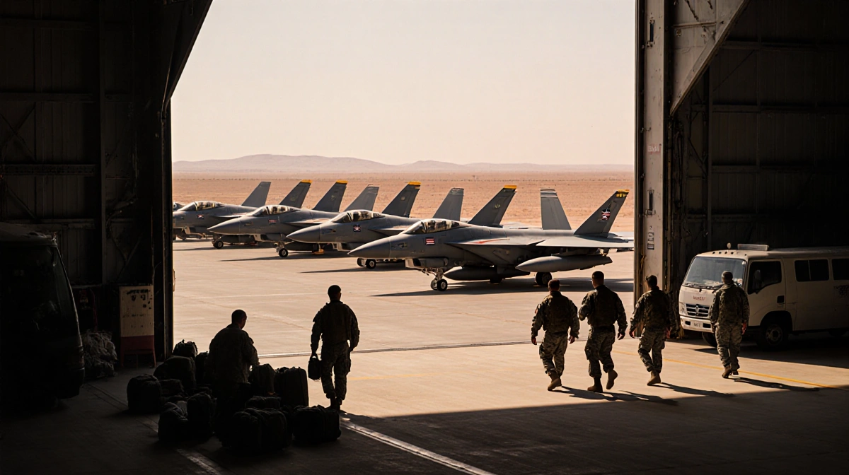 U.S. troops boarding buses with military jets parked in hangar and desert visible through open doors