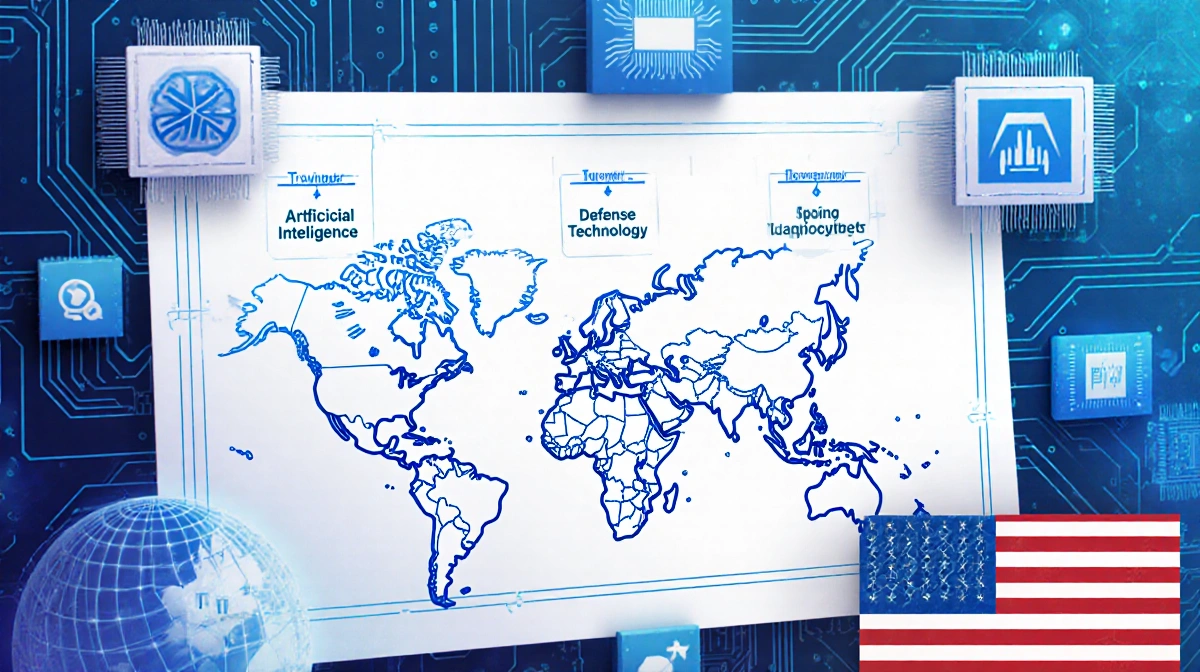 Strategic blueprint map shows AI defense and biotech sector icons with circuit board details and US flag