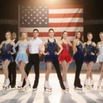USA figure skating team poses together on ice with American flag behind them and golden lighting highlighting their unity