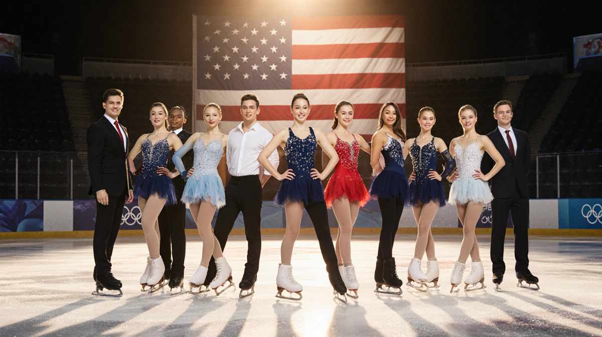 USA figure skating team poses together on ice with American flag behind them and golden lighting highlighting their unity