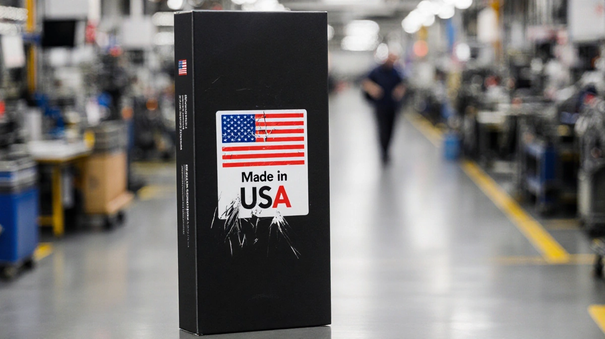 Smartphone with American flag sticker sits near factory packaging showing Made in USA label with rebranding marks