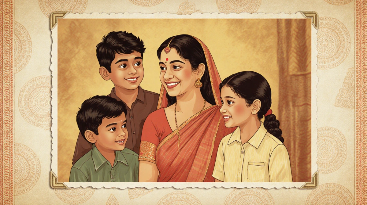Mother Usha smiles at her children with golden light and traditional fabric background
