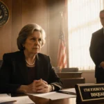 Woman fights Utah County attorney disqualification at courtroom desk with prosecutor standing and judge bench empty