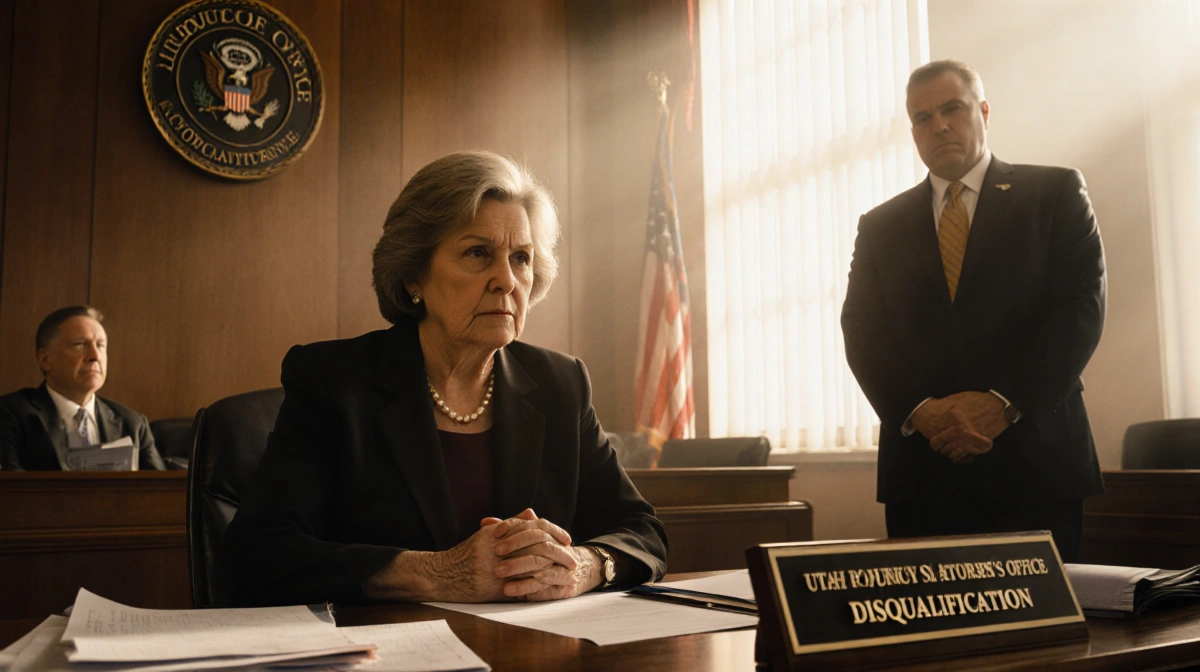 Woman fights Utah County attorney disqualification at courtroom desk with prosecutor standing and judge bench empty