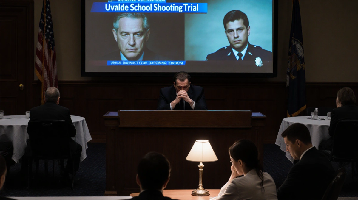 Jurors bow their heads in contemplation with defendant sitting at desk and Uvalde school shooting trial headline on screen