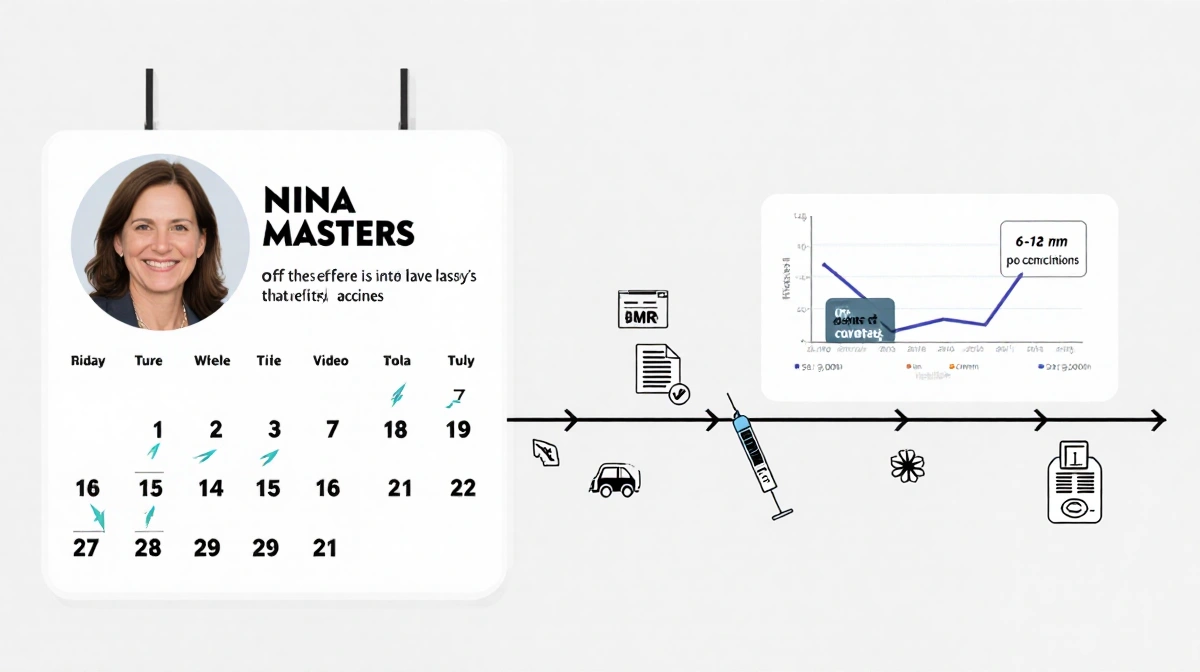 Calendar timeline shows vaccines Nina Masters name and 6-12 months range MMR coverage graph icons show rising exemptions.