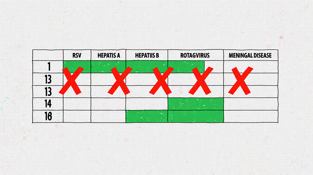 Schedule with red X RSV hepatitis A hepatitis B rotavirus influenza meningococcal and green tick for CDC vaccines background.