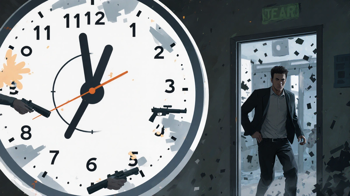 Person escaping through doorway with countdown timer showing 0-5 minutes and blurred chaos behind