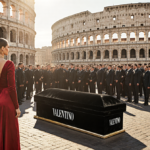 Elegant guests gather around a black velvet coffin with Valentino label under golden light near the Colosseum.