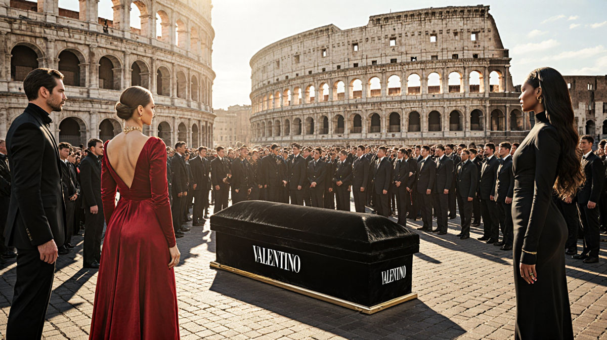 Elegant guests gather around a black velvet coffin with Valentino label under golden light near the Colosseum.