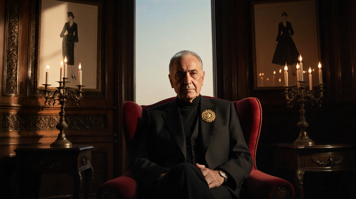 Valentino Garavani sits in crimson armchair with golden brooch glimmering and tears reflecting warm candlelight in opulent Ro