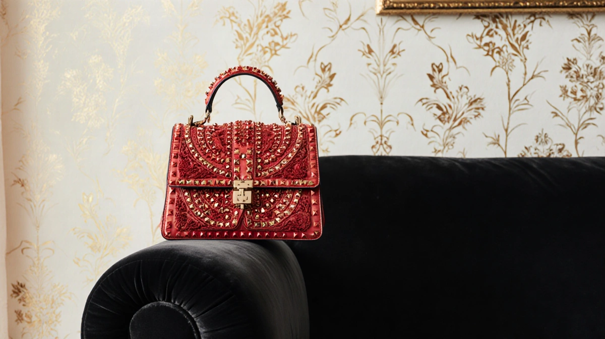 Valentino handbag with red studs and embroidery sits on black velvet armrest with gold-accented wallpaper behind