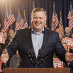 Vice President JD Vance speaking at podium with March for Life signs and American flags behind him