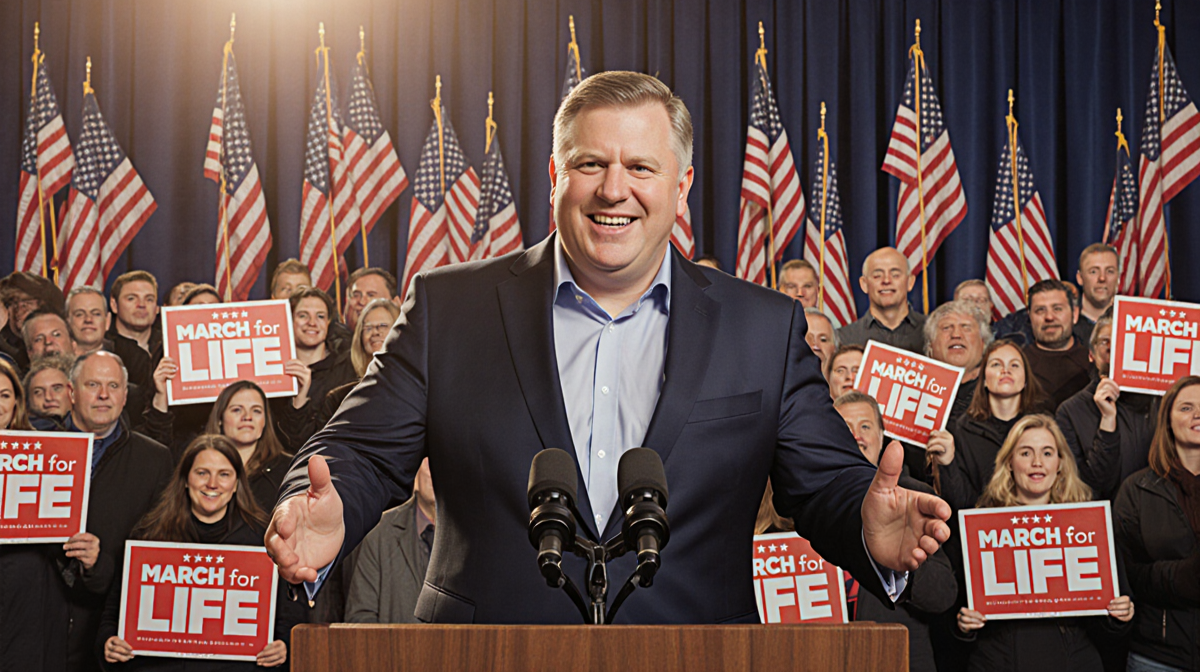 Vice President JD Vance speaking at podium with March for Life signs and American flags behind him
