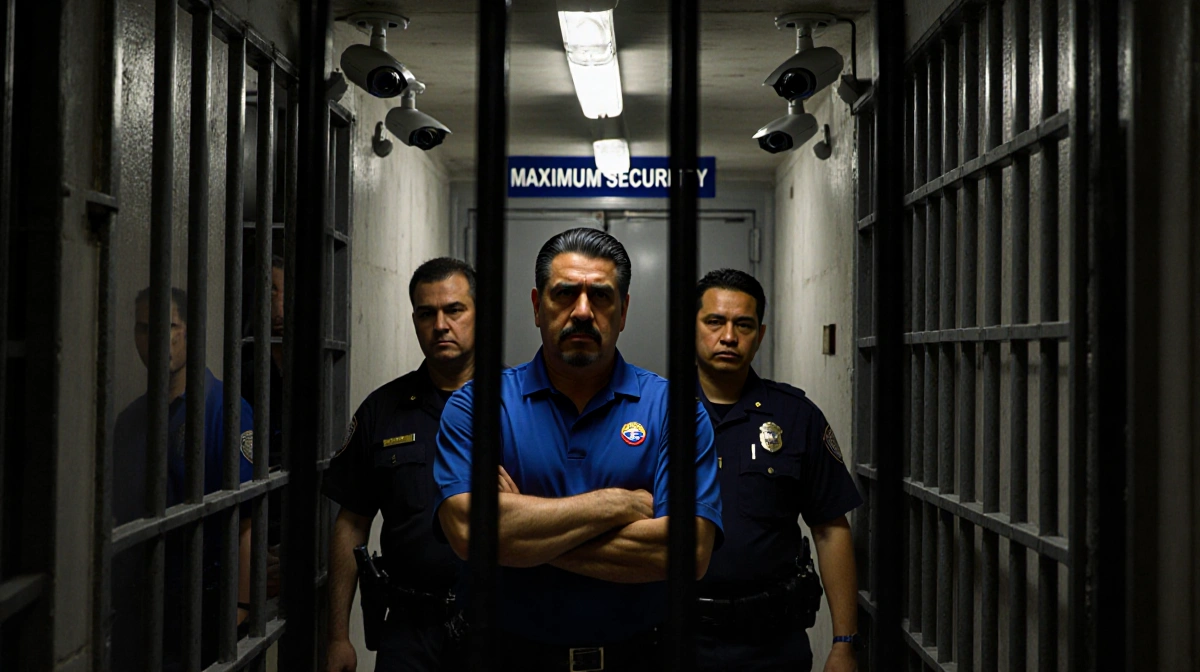 Venezuelan President Maduro standing with arms crossed with U.S. officials near a maximum security door in a dim corridor.