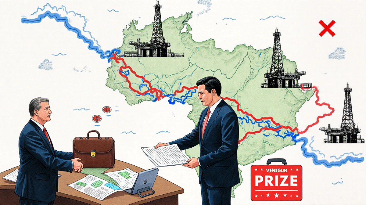 White House official shaking hands with oil executive with Venezuela oil map and pipelines and a red X over oil field.
