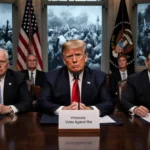 President sits at Senate table with lawmakers showing concern and Venezuela protests visible through windows